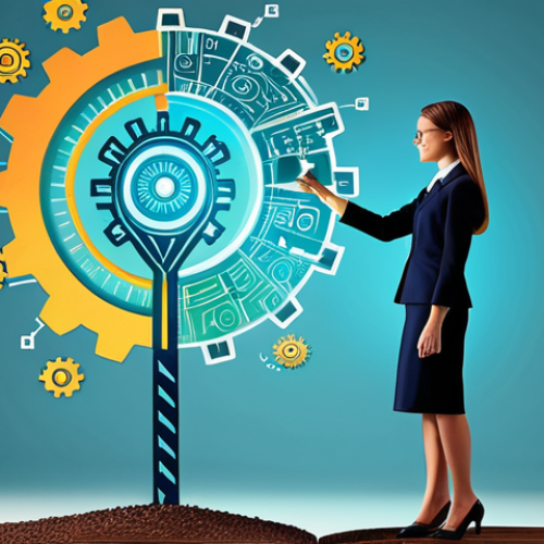 A focused professional individual, gender-neutral, stands on a symbolic pathway that transitions from abstract digital marketing elements like data charts and light code structures on one side, into vibrant, inspiring symbols of social impact, education, and technology on the other side. The new side features a stylized sprouting plant, open books, and interconnected gears, illuminated by bright, hopeful light. The individual wears modest business attire, fully clothed. Professional photography, high resolution, soft focus on the background, vibrant colors, safe for work, appropriate content, fully clothed, professional, perfect anatomy, correct proportions, natural pose, well-formed hands, proper finger count, natural body proportions.