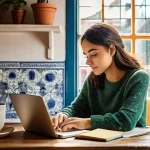블로그 마케팅에 활용할 수 있는 무료 도구 - **Prompt**: A young, creative woman (around 20s-30s) is sitting comfortably at a rustic wooden desk,...