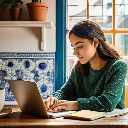 블로그 마케팅에 활용할 수 있는 무료 도구 - **Prompt**: A young, creative woman (around 20s-30s) is sitting comfortably at a rustic wooden desk,...