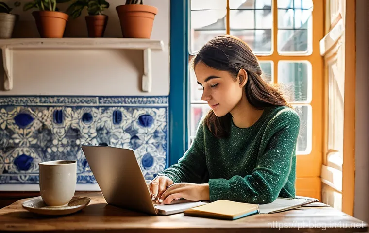 블로그 마케팅에 활용할 수 있는 무료 도구 - **Prompt**: A young, creative woman (around 20s-30s) is sitting comfortably at a rustic wooden desk,...