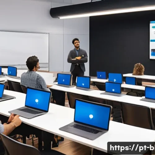 블로그 마케팅 학원 선택 가이드 - A modern digital marketing classroom setting in Brazil, featuring diverse adult students attentively...