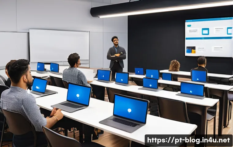 블로그 마케팅 학원 선택 가이드 - A modern digital marketing classroom setting in Brazil, featuring diverse adult students attentively...