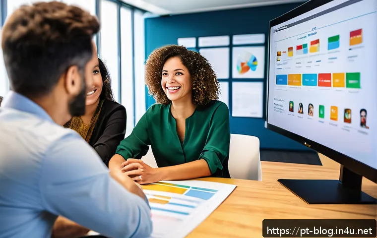 블로그 마케터가 알아야 할 고객 여정 지도 만들기 - A modern, bright digital marketing office scene showing a diverse group of Brazilian professionals c...
